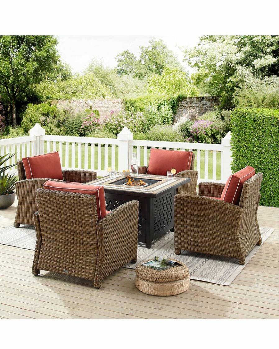 Seating Crosley | Crosley Furniture Bradenton 5Pc Outdoor Wicker Conversation Set W/Fire Table- Tucson Fire Table & 4 Armchairs Home Seating