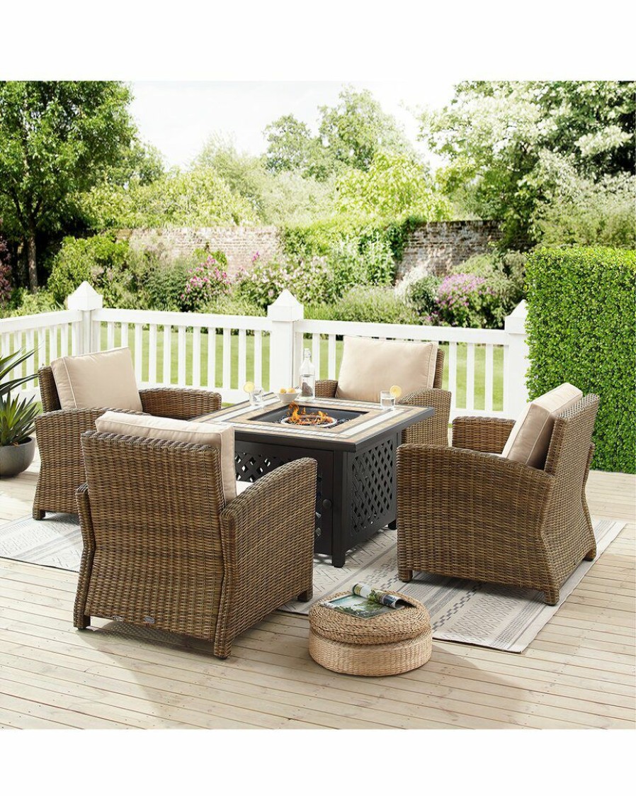 Seating Crosley | Crosley Furniture Bradenton 5Pc Outdoor Wicker Conversation Set W/Fire Table- Tucson Fire Table & 4 Armchairs Home Seating