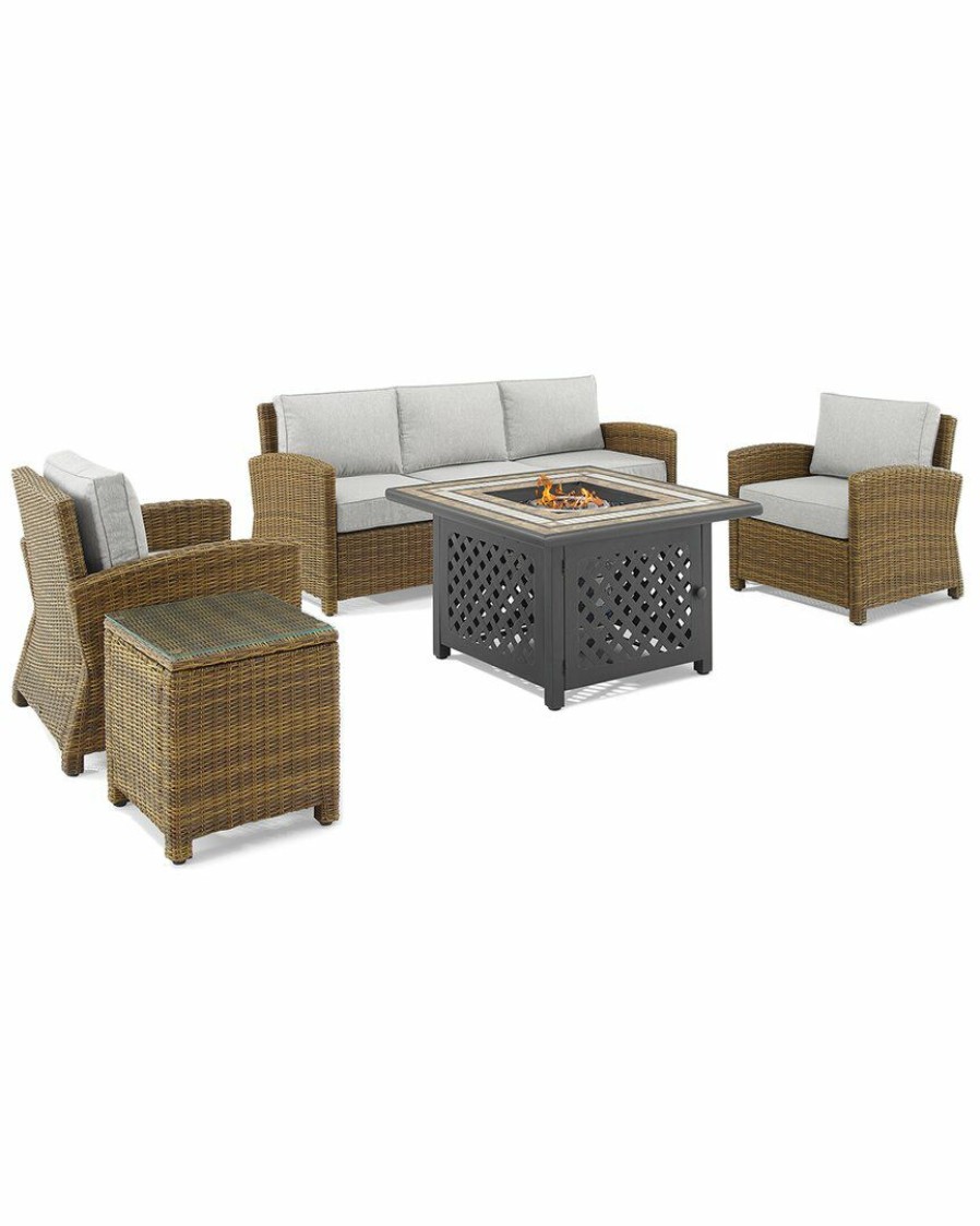 Seating Crosley | Crosley Furniture Bradenton 5Pc Outdoor Wicker Sofa Set W/Fire Table- Sofa, Side Table, Tucson Fire Table, & 2 Armchairs Home Seating