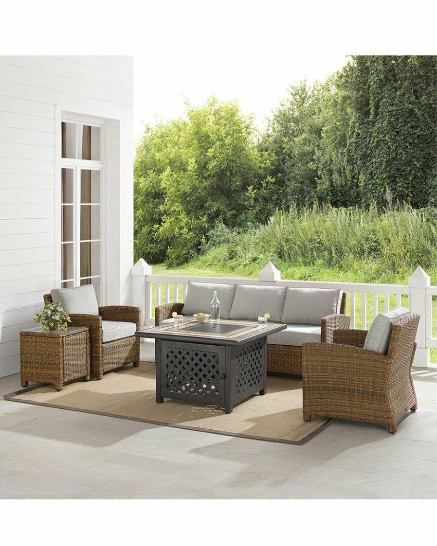 Seating Crosley | Crosley Furniture Bradenton 5Pc Outdoor Wicker Sofa Set W/Fire Table- Sofa, Side Table, Tucson Fire Table, & 2 Armchairs Home Seating